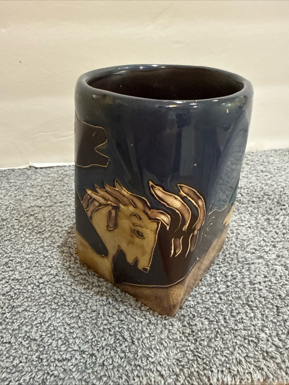 Mexican Pottery Wild Horses Coffee Mug Teal Blue Horse Cup Mara Signed Square - Picture 5 of 6
